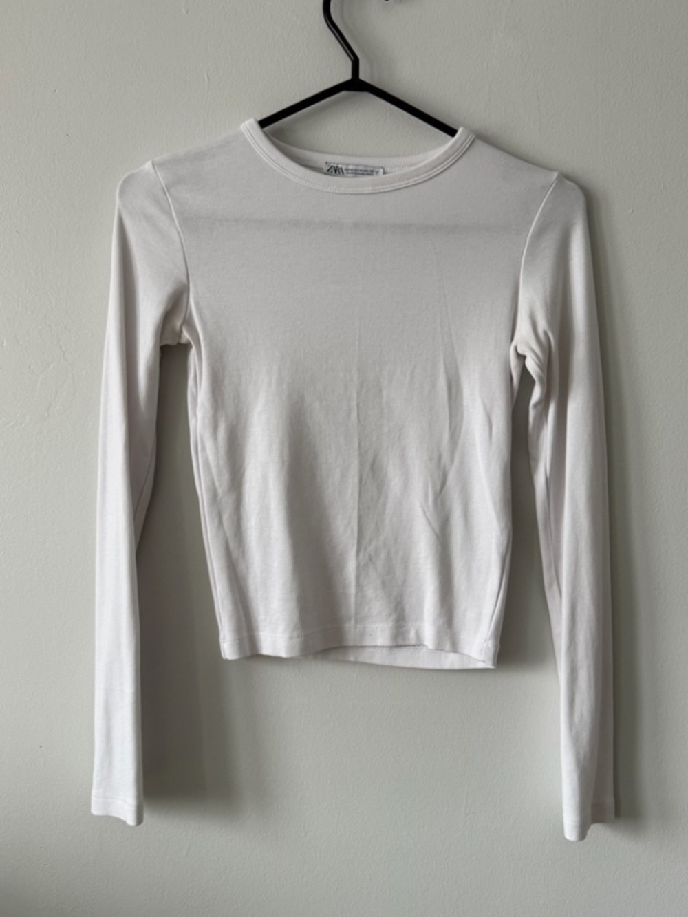Zara White Crewneck Top Long Sleeve | Cotton Blend | Size S